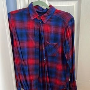 Button down plaid shirt, vintage boyfriend style - blue & red